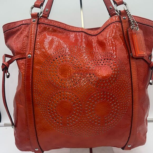 Coach AUDREY OP ART CORAL Peach Patent Leather Tote Shoulder/.Crossbody Bag BOTH - Picture 2 of 11